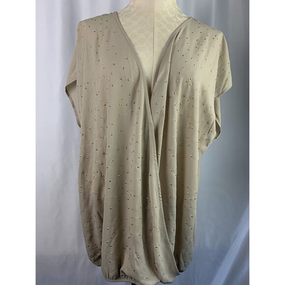 22/24 Lane Bryant Tan Goldtone Jewel Faux Wrap Banded Bottom Top Sheer - Picture 4 of 7